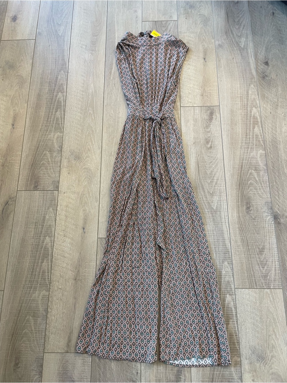 Sleeveless Printed Jumpsuit with Tie Waist in Brown